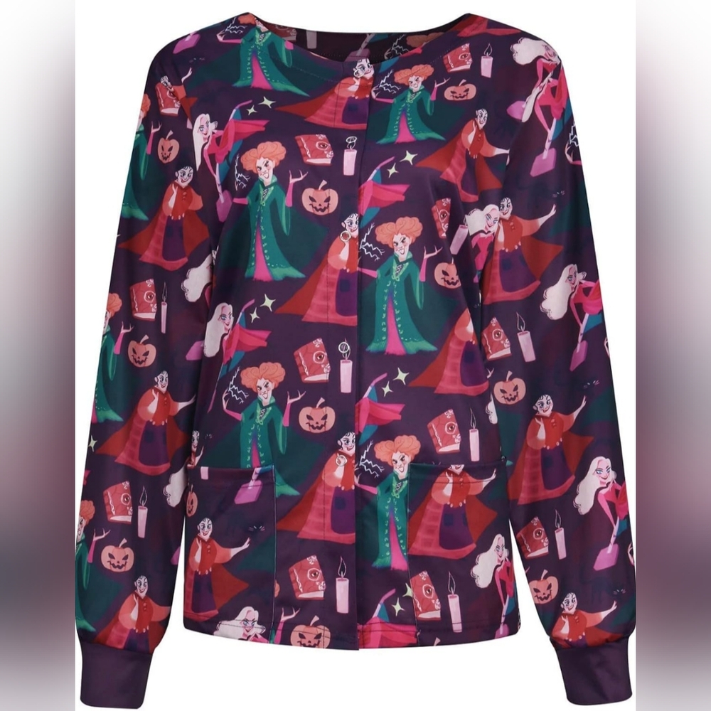 NEW💜Hocus Pocus 2 Adorable L/S Scrub Top Snap Jacket🎃Halloween